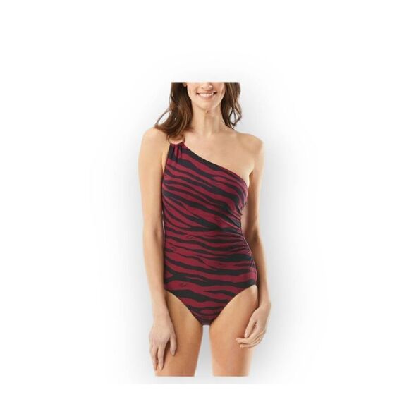 Michael Kors Maroon Animal Stripe Stretch Swimsuit - Picture 1 of 9